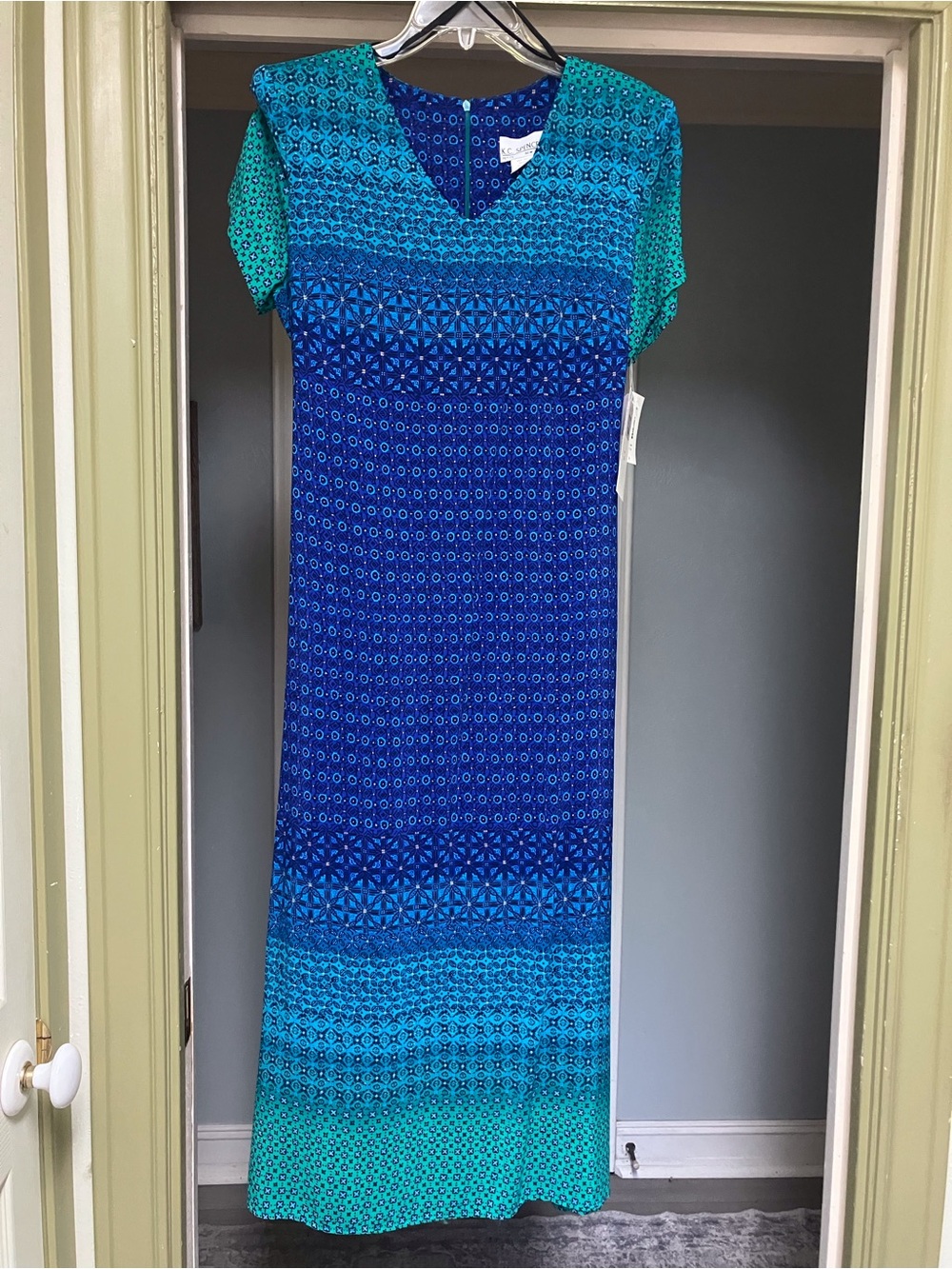 Blue and Teal Ombre Maxi Dress with Tie Waist